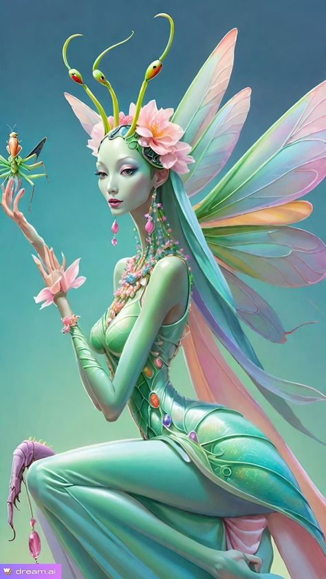 Fantasy fairy Elemental Fairies, Mystic Creatures, Mystical Fairy, Mantis Religiosa, Mythical Beings, Mystical Creature, Dreamy Artwork, Elves And Fairies, Consciousness Art