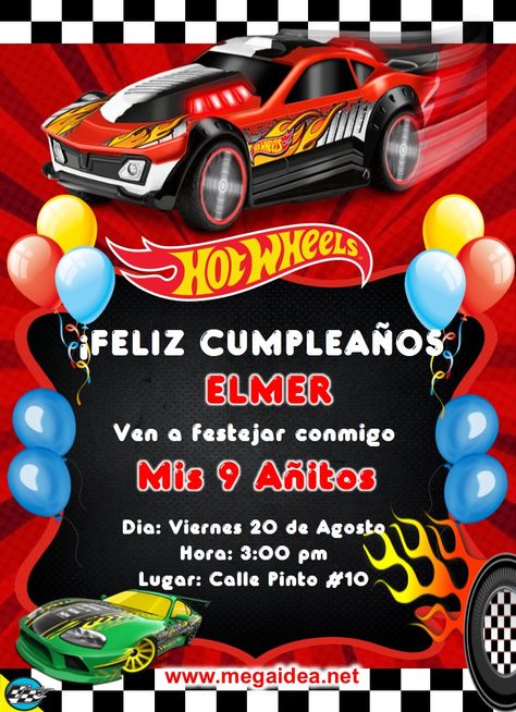 Invitación de Hot Wheels para Editar GRATIS. Descarga esta linda invitación de Hot Wheels en PowerPoint, el archivo esta en PowerPoint en el cual puedes cambi Nerf Birthday Invitations, Hot Wheels Invitations, Hotwheels Birthday Party, Cars Invitation, How To Make Invitations, Tmnt Party, Cars Birthday Invitations, Hot Wheels Party, Hot Wheels Birthday