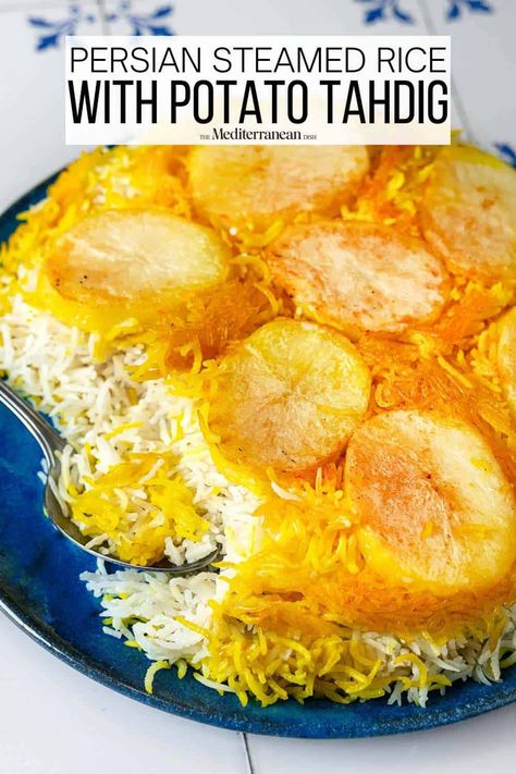 Potatoes And Rice Recipes, Potato Rice Recipes, Middle Eastern Vegetable Sides, Persian Potato Curry, Persian Dill Rice Recipe, Jeweled Persian Rice Pilaf, Persian Rice With Potato Tahdig, Tadig Persian Rice, Persian Rice