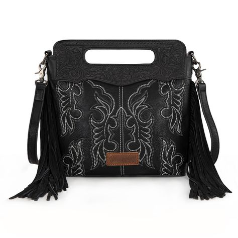 PRICES MAY VARY. The elegant western women's crossbody bag collection Wrangler by Montana West. Wrangler crossbody bag, features a stylish floral tooled pattern, genuine leather fringing and embroidered boot stitching. Top magnetic snap closure, includes 1 main pocket, 1 inner zippered pocket, 1 inner side pocket and 1 back pocket. Crossbody purses for women are designed with detachable and adjustable Wrangler logo printed nylon crossbody guitar strap. Size:11.2"(L) x 2.9"(W) x 10.9"(H) , Drop: Wrangler Purse, Western Crossbody Purse, Black Leather Fringe Bag, Paw Wallpaper, Leather Fringe Bag, Western Handbags, Fringe Crossbody Bag, Western Purses, Embroidered Boots