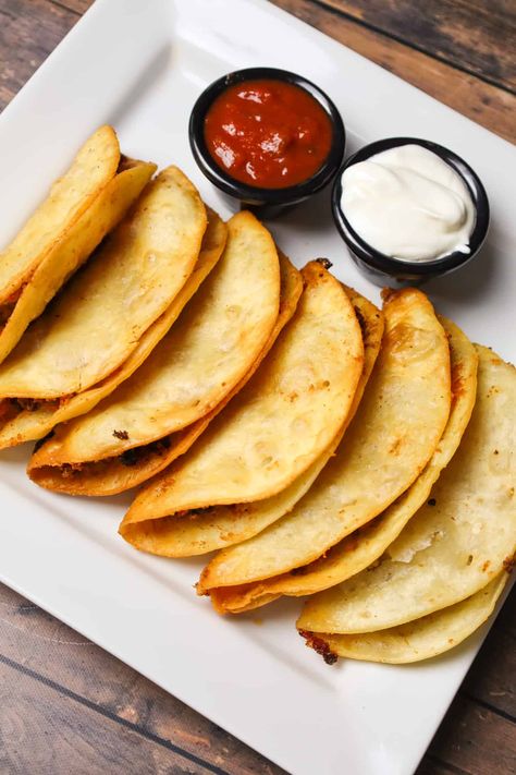 Fried Tacos - THIS IS NOT DIET FOOD Pan Fried Tacos, Fried Tacos Recipe, Recipes Using Flour Tortillas, Deep Fried Tacos, Recipes Using Flour, Fried Tacos, Shredded Beef Tacos, Beef Tacos Recipes, Recipes With Flour Tortillas