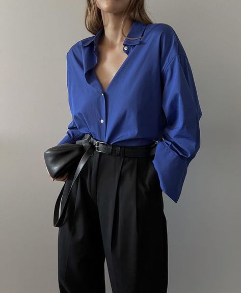 Bright Blue Blouse Outfit, How To Style Dark Blue Shirt, Cobalt Blue Blouse Outfit, Bright Blue Clothes, Dark Blue Button Up Shirt Outfit, Sapphire Blue Outfit, Cobalt Blue Shirt Outfit, How To Style Blue Shirt, Bright Blue Shirt Outfit