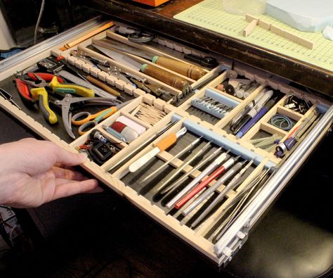 Tool Drawer Organizer, Hobby Storage, Hobby Desk, Electronic Workbench, Tool Drawers, Organizer Cabinet, Desk Organization Diy, Under Desk Storage, Hobby Tools