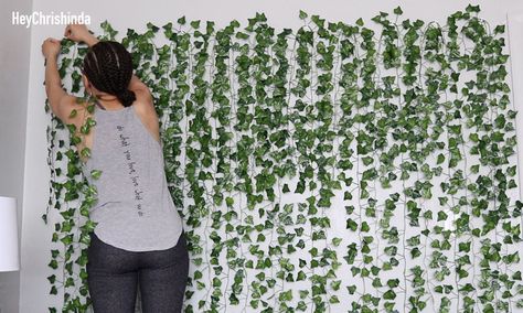 How To Stick Vines On Wall, Diy Vine Wall Bedroom, How To Hang Vines From Ceiling, Vines In Living Room, Leaf Wall Backdrop, Fake Vine Wall, How To Style Fake Vines, Ivy Corner Wall, How To Hang Ivy In Bedroom