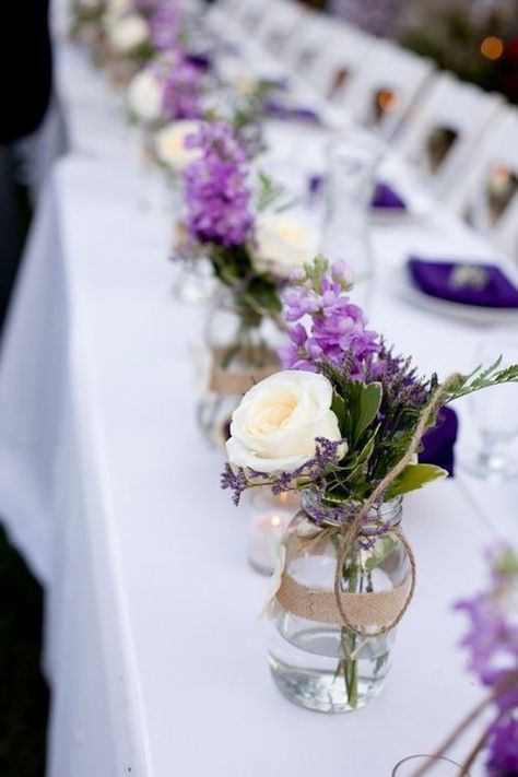 Rustic Purple Wedding, Purple Mason Jars, Purple Decor, Rustic Wedding Centerpieces, Mason Jar Centerpieces, Table Inspiration, Long Table, Lavender Wedding, Deco Floral