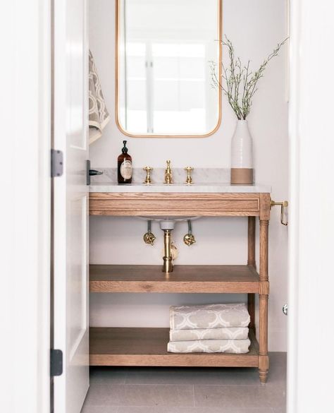 Really liking this shot @loveandspecs snapped of the office bath vanity at our #rafterhouse4117 custom build. That's a strong under sink… Open Bathroom Vanity, Modern Cottage Style, Open Bathroom, Diy Bathroom Vanity, Cottage Bathroom, Modern Cottage, Wood Bathroom, Style Blogger, Basement Remodeling