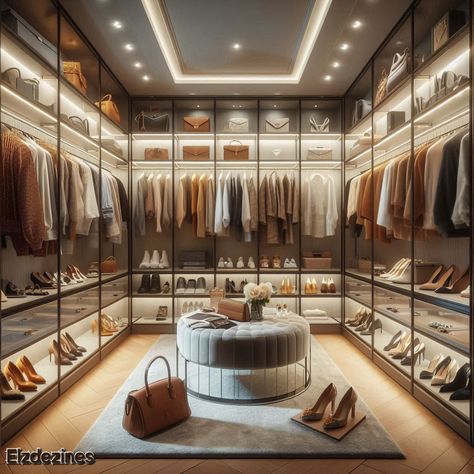 Spacious Wardrobe Ideas, Vault Closet, Chic Walk In Closet, Big Walk In Closet Luxury, Walk In Wardrobe Small, Big Closet Luxury, Walk In Closet Aesthetic, Walk In Closet With Island, His And Hers Closet