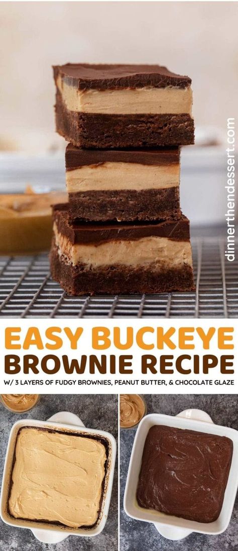 Buckeyes Brownies Recipe, Buck Eye Brownie, Chocolate Peanut Butter Brownies Easy, Buckeye Bars Recipe Easy, Peanutbutter Brownie Recipes, Brownie Add Ins, Container Desserts, Conference Snacks, Buckeye Recipes