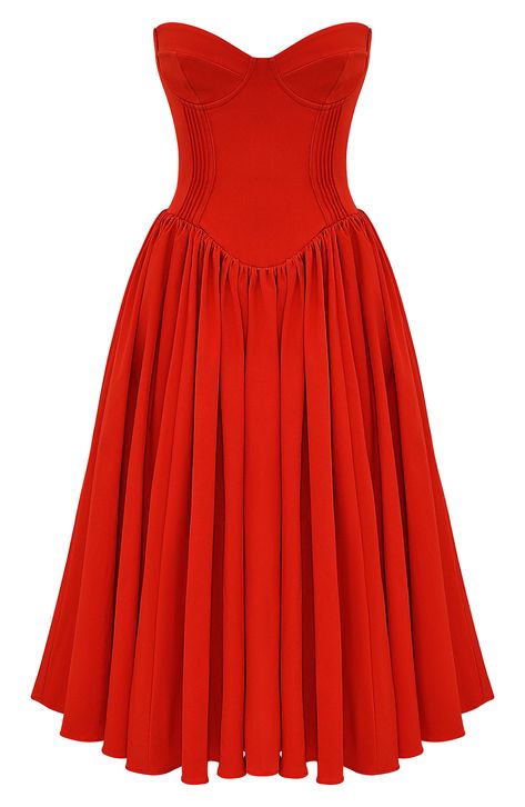 A corseted bodice creates a stunning silhouette on a fit-and-flare dress finished with a voluminous midi skirt for modern allure. Exclusive retailer Hidden back-zip closure Sweetheart neck Strapless Partially lined 65% Richcel viscose, 35% polyester Dry clean Imported Red Carpet Midi Dress, Birthday Dress Midi, Christmas Dress Aesthetic, Corset Top Dresses, Christmas Party Dress Cocktail, Red Classic Dress, Corset Dress Midi, Fit And Flare Dress Formal, Red Elegant Wedding