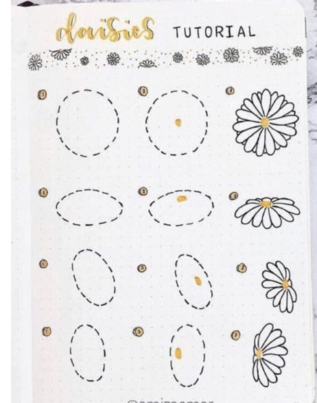 Daisy Bullet Journal, Painting Flowers Tutorial, Bullet Journal Spreads, Flower Drawing Tutorials, Flower Art Drawing, Journal Spreads, Flower Sketches, Floral Drawing, Pola Sulam