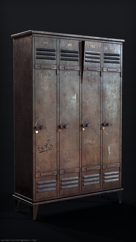 Envoirment Art, Game Props Concept Art, Game Modeling, Vintage Metal Cabinet, Maya Modeling, 3d Reference, Locker Designs, Game Textures, Props Concept