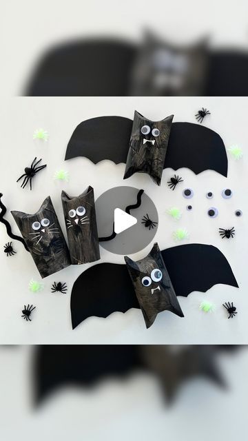 Tara Burns • The Littles Learn on Instagram: "🐈‍⬛ Cardboard Roll Crafts 🦇 SAVE to try for Halloween!! 🖤💜🧡

⭐️ Follow @the.littles.learn for more fun activities!! ⭐️

For this simple Halloween craft you’ll need:
🧻 Cardboard rolls
⚫️ Black paint
✔️Black pipe cleaner
🖤 Black paper
👀 Googly eyes
✍🏼 Markers

🖤 You can paint your cardboard rolls or glue black paper to them, either way you want them to be black for a spooky cat and bat!!
💜 Carefully fold the top of the roll down on both sides and squeeze to make it look like ears! For the bat you can do this on both ends (you could even hide candy inside!! 🍬)
🦇 Cut out bat wings from black paper and stick the bat body in the middle. Add googly eyes and use markers to add details-like fangs!!
🐈‍⬛ Curl the black pipe cleaner and poke Toilet Roll Bats Halloween, Tp Roll Halloween Bats, Toilet Paper Roll Bats Halloween, Hanging Bat Craft Preschool, Easy Flapping Bat Craft, Cardboard Rolls, Googly Eyes, Black Pipe, Easy Halloween Crafts