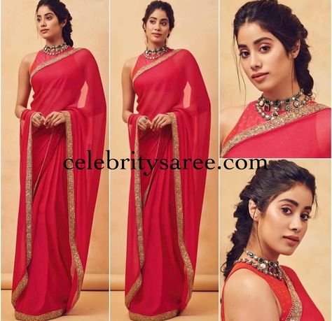 Jhanvi Kapoor Saree, Red Sarees, Jhanvi Kapoor, Saree Hairstyles, Sarees For Girls, Janhvi Kapoor, Indian Saree Blouses Designs, Manish Malhotra, Saree Blouse Designs Latest