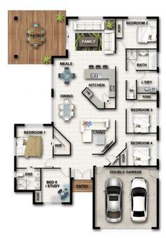 4 Bedroom House With Garage, House Plans With Garage, 1 Bedroom House Plans, 1 Bedroom House, Garage House Plans, Casas The Sims 4, Home Design Floor Plans, Study Nook, Sims House Plans