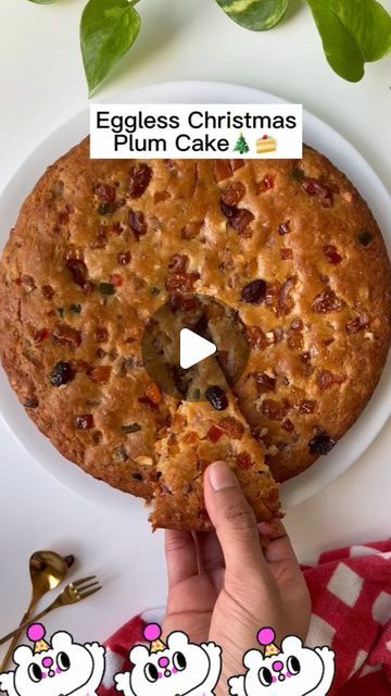 Tastyes on Instagram: "Eggless Christmas Plum Cake

Recipe: 1️⃣ Soak 3/4 cup tutti frutti, 1/4 cup chopped dates, 1/4 cup chopped dried apricot, 1/4 cup raisins, 1/8 cup chopped dried figs, 1/8 cup dried cranberries with 2/4 cup pulp free orange juice in an air right container for at least 24 hours in the refrigerator. 2️⃣ To a mixing bowl, add 1/2 cup oil and 1/3 cup brown sugar and mix well. Add 1 cup yogurt/ dahi and 1 tsp vanilla essence and mix well. 3️⃣ Through a sieve, add 1 1/2 cup all purpose flour, 1/4 tsp cinnamon powder, 1/4 tsp nutmeg powder, 1/8 tsp ginger powder, 1 tsp baking powder and 1/2 tsp baking soda. 4️⃣ Add chopped nuts of your choice. I added 1/4 cup each of almonds, cashews and pecans. Add soaked fruits to the mix. Leave 2 spoons of soaked fruits to garnish on top. Christmas Plum Cake Recipe, Christmas Plum Cake, Plum Cake Recipe, Nutmeg Powder, Chopped Dates, Dry Cake, Dried Apricot, Ginger Powder, Plum Cake