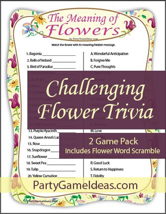 The Meaning of Flowers a printable trivia game that has guests matching flowers with their meanings. Tis party game can work for Mother's Day events, birthdays, garden clubs, flower clubs and a variety of social groups. Flowers, floral, trivia, party game The Meaning Of Flowers, Meaning Of Flowers, Trivia Party, Garden Party Games, Pen And Paper Games, Church Games, Ladies Brunch, Flower Games, Plant Party