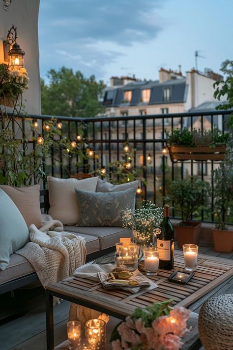 29 Small Apartment Balcony Ideas for a Chic Look 14 Lights On Balcony Apartment, Small Balcony Lights, Balcony Table Decor, Fairy Balcony, Small Patio Ideas Apartment Tiny Balcony, Small Balcony Table, Romantic Balcony Ideas, Zen Balcony Ideas, Apartment Porch Ideas