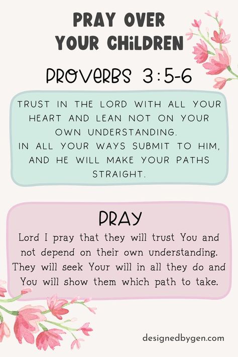 🌸 Scripture prayer to pray over your children.
📖 Trust in the Lord with all your heart and lean not on your own understanding. 
in all your ways submit to him, and he will make your paths straight.  - Proverbs 3:5-6
🙏 Lord I pray that they will trust You and not depend on their own understanding. They will seek Your will in all they do and You will show them which path to take. Proverbs For Kids, Pray Over Your Children, Scriptures To Pray, Scripture Prayers, Bible Activities For Kids, Prayers For Children, Trust In The Lord, Trust You, Bible Activities