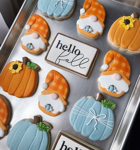 Hello Fall Cookies Decorated, Fall Gnome Cookies Decorated, Gnome Royal Icing Cookies, Fall Birthday Cookies Decorated, Fall Decorated Cookies Royal Icing, Gnome Cookies Decorated, Autumn Cookies Decorated, Fall Royal Icing Cookies, Fall Cookies Royal Icing