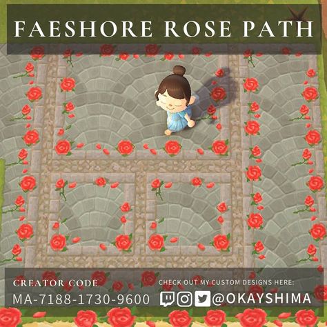 Animal Crossing Custom Designs, Goth Cottagecore, Rose Island, Pink Island, Gravel Path, Path Design, Qr Codes Animal Crossing, Alice In Wonderland Theme, New Animal Crossing