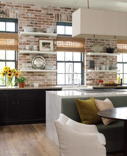 Kitchen White Gloss, Brick Wall Kitchen Ideas, Wall Coffee Bar, Whitewash Brick Backsplash, Brick Kitchen Wall, Kitchen With Brick, Kitchen With Brick Wall, Exposed Brick Kitchen, Brick Wall Kitchen