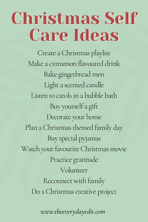 Holiday Self-care, Christmas Alone Ideas, Holiday Self Care, Holiday Mental Health, Things To Do Before Christmas, Christmas Self Care, Winter Self Care, Christmas Playlist, Christmas Bucket