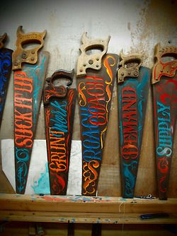 sign saws, Perfect for Man Cave! Painted Saws, Directional Signage, Hand Saws, Dad's Birthday, Sign Writing, Garage Art, Wood Rustic, Hand Saw, Old Tools