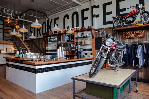 The Coolest Motorcycle Coffee Shops Across the Country | Travel Channel Brat Motorcycle, Motorcycle Store, Motorcycle Workshop, Motorcycle Shop, Motorcycle Garage, Garage Cafe, Burger Bar, Coffee Shop Design, Vintage Motorcycle