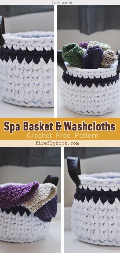 Spa Basket & Washcloths Free Crochet Pattern Crochet Spa Set, Patterns Japanese, Apron Patterns, Spa Basket, Spa Items, Crochet Bowl, Wrap Dress Pattern, Crochet Faces, Strange History