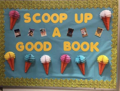 Affordable Classroom Decor, End Of Year Library Bulletin Board Ideas, Summer Book Displays Public Libraries, June Library Displays, Summer Book Display, Summer Reading Bulletin Boards, Summer Library Bulletin Boards, Summer Library Displays, Elementary Library Bulletin Board Ideas