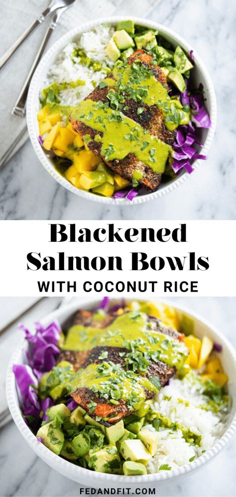 Blackened Salmon Bowls with Coconut Rice Coconut Rice Bowl Recipe, Coconut Rice Meal Ideas, Coconut Rice Meals, Wild Diet, Salmon Bowls, Rice Bowl Recipe, Fed And Fit, Salmon Rice Bowl, Salmon Rice