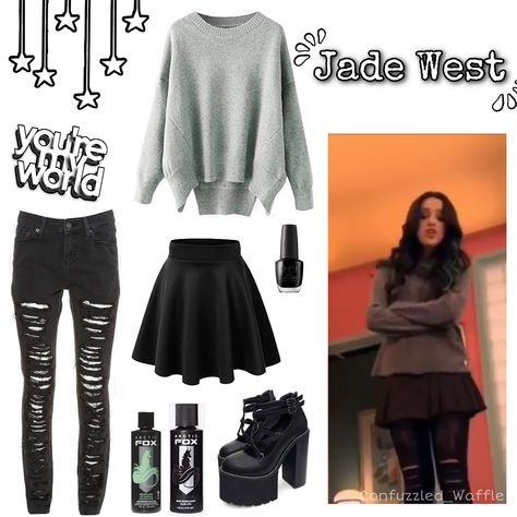 Steal her look Jade West Victorious Nikelodeon outfit wardrobe Liz Gillies emo fashion Jade West Outfits Victorious, Jade West Outfit Inspiration, Jade West Aesthetic Clothes, Jade West Makeup Tutorial, Victorious Inspired Outfits, Jade West Inspired Outfits, Jade West Outfits Style, Jade Victorious Outfits, Victorious Fashion