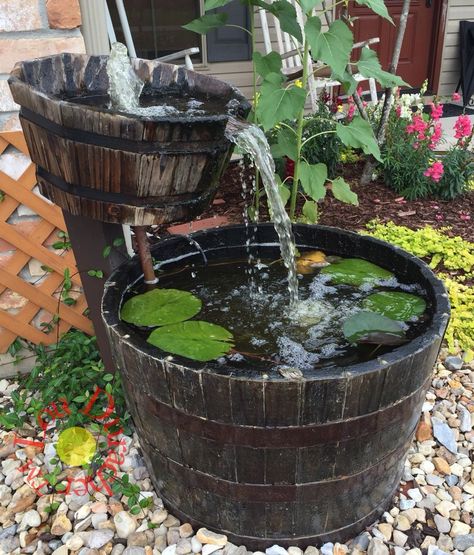 Image result for Fountain Whiskey Barrel Fountain, Diy Whiskey Barrel, Barrel Fountain, Pondless Water Features, Modern Water Feature, Water Fountain Design, Container Water Gardens, Diy Water Feature, Diy Water Fountain