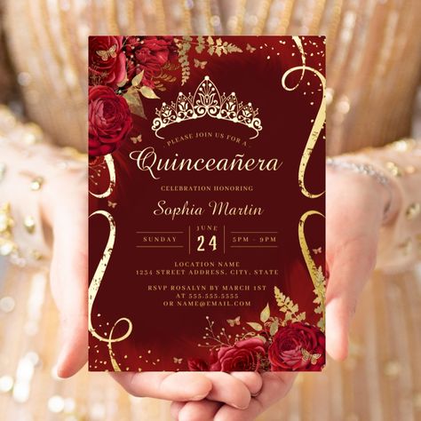 More Pretty Red Quinceanera Party Invitations in the Little Bayleigh Store! Red Xv Invitations, Dark Red Quince Invitations, Burgundy Quinceanera Invitations, Red Quince Invitations, Red Invitation Card, Red And Gold Quinceanera Decorations, Dark Red Quinceanera Dresses, Gold Quinceanera Theme, Red And Gold Quince