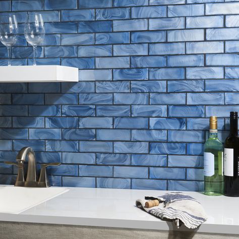 Ivy Hill Tile Glamor Iridescent 11.81" x 11.81" Subway Tile Look Glass Mosaic Wall Tile | Wayfair Blue Tile Backsplash Kitchen, Colorful Kitchen Backsplash, Blue Shower Tile, Blue Glass Tile, Turquoise Tile, Stove Backsplash, Blue Backsplash, Indoor Tile, Ivy Hill Tile