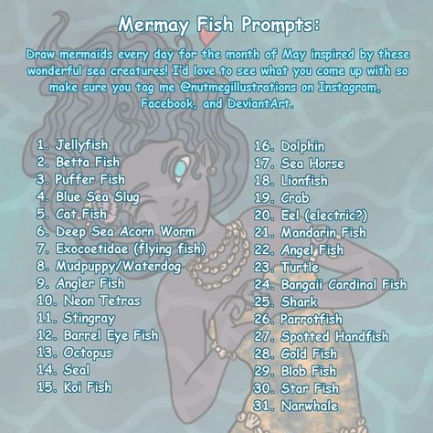 Mermaid Oc Challenge, Mermaid Oc Ideas, Mermay Prompt, Mermay Art, 30 Day Art Challenge, Drawing Challenges, Prompt List, Art Challenges, Art Style Challenge