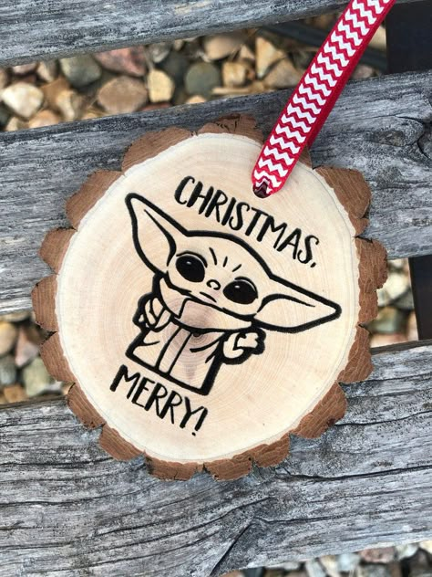 Yoda Ornament Diy, Diy Star Wars Christmas Ornaments, Diy Star Wars Ornaments, Star Wars Ornaments Diy, Baby Yoda Christmas Tree, Winter Wonderland Classroom, Yoda Christmas Ornament, Wood Burning Christmas Ornaments, Star Wars Ornaments