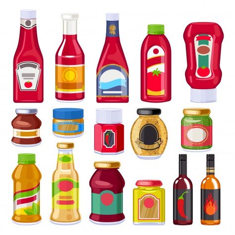 Sauces and dressings bottles set. | Premium Vector #Freepik #vector #food #kitchen #red #white Sauces And Dressings, Ketchup Sauce, Blank Bottle, Sauce Hollandaise, Vector Food, Spicy Chili, Anime Food, Tomato Ketchup, Sliced Tomato