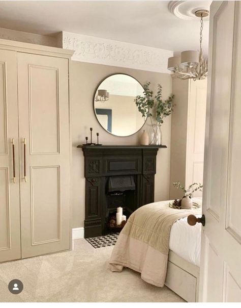 Ammonite Bedroom, Oxford Stone Farrow And Ball, Terrace Bedroom Ideas, Victorian Terrace Bedroom, Modern Victorian Bedroom Ideas, Modern Victorian Bedroom, Georgian Fireplaces, Bedroom Built In Wardrobe, Neutral Bedroom Decor