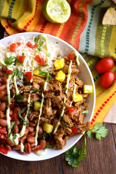 Pork al pastor bowls are amazingly delicious! You'll find rice, beans, and even pineapple in this dish. Pork Al Pastor, Pork Sirloin, Chicken Bowl Recipe, Ground Pork Recipes, Healthy Bowls Recipes, Rice Beans, Beef Bowls, Pork Ham, Cooking Club