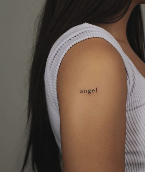 My Angel Tattoo Words, Angel Words Tattoo, Angle Word Tattoos, Angel Tattoo Women Small, Angel Tattoo Letters, Angel Text Tattoo Small, Simplistic Angel Tattoo, Angel Tattoos Small, Angel Written Tattoo