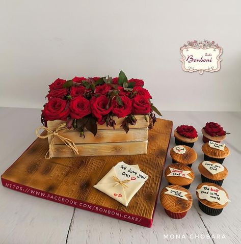 flower box cake by Bonboni Cake Cake And Flowers Gift, Flower Box Cake Ideas, Cake Box Design Creative, Cake Box With Flowers, Flower Pot Cake Ideas, Flower Box Cake, Flower Pot Cake Design, Flower Basket Cake Designs, Sewing Machine Cake