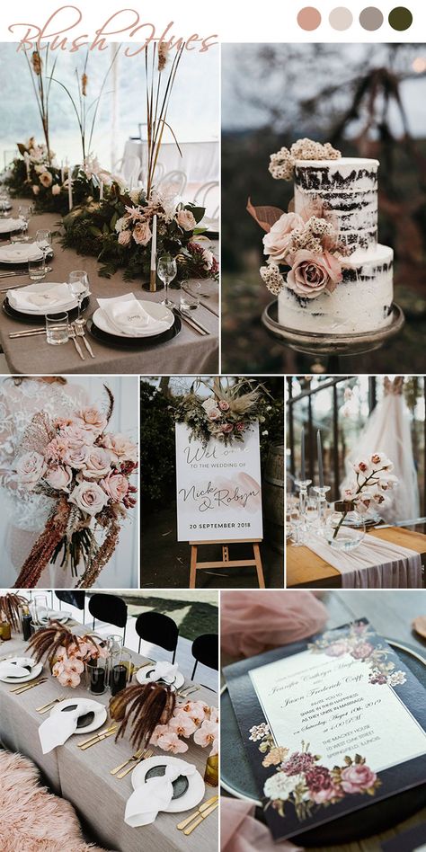 moody style blush, dusty rose, neutrals a Natural Blush And Black Wedding, Facebook Wedding Event Page, Black Cream Blush Wedding, Black And Blush Wedding, Blush And Black Wedding, Pink Modern Wedding, Moody Style, Pink Wedding Colors, Wedding Color Ideas