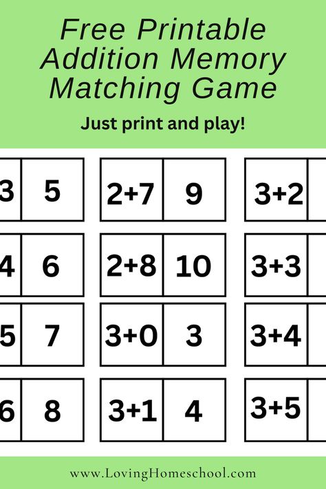 Match Addition facts with this Free Printable Addition Memory Matching Game! A fun way to learn and review addition facts. Addition Memory Game, Math Memory Game, Addition Memorization, Addition Facts Games, Games For Grade 1, Math Addition Games, Math Fact Games, Math Facts Addition, Partner Games