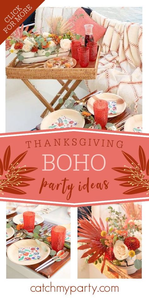 Don't miss this gorgeous Fall boho Thanksgiving party! Love the table settings! See more party ideas and share yours at CatchMyParty.com Thanksgiving Table Settings Boho, Boho Thanksgiving Table Settings, Boat Dinner, Boho Thanksgiving, Boho Chic Party, Fall Sunset, Dinner Thanksgiving, Brunch Decor, Sunset Dinner