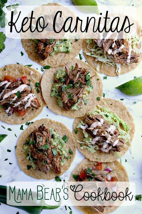 Juicy, mouthwatering Mexican pulled pork, slow roasted with lime & jalapeños, these Keto Carnitas are piled onto pliable and tasty almond flour tortillas. #keto #lowcarb #carnitas #tacos Almond Flour Tortillas Keto, Keto Carnitas, Crockpot Pork Carnitas, Mexican Pork Recipes, Tortillas Keto, Ground Pork Tacos, Almond Flour Tortillas, Mexican Pulled Pork, Keto Meat