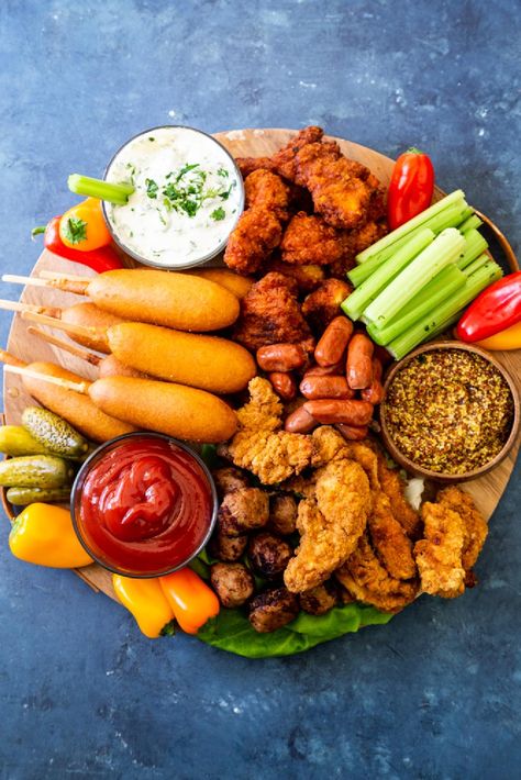 Chicken Strip Charcuterie Board, Chicken Nugget Charcuterie Board, Fun Finger Foods, Pineapple Meatballs, Smoked Sausages, Homemade Ranch Dip, Appetizer Board, Dip Recipes Appetizers, Best Appetizer