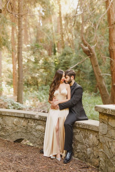 Military Engagement Photos, Lake Arrowhead California, Forest Fairytale, Forest Engagement Photos, Creative Engagement Photo, Fairytale Forest, Enchanting Forest, Forest Engagement, Dress Engagement