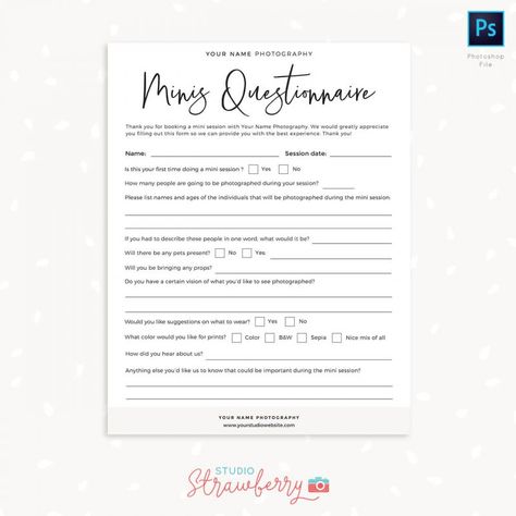 Photography Questionnaire, Elegant Photography, Note Card Template, Questionnaire Template, Photography Website Design, Mini Session Template, Photography Mini Sessions, Star Photography, Photography Templates