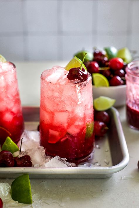 Cherry Limeade Gin and Tonic Gin Drink Recipes, Cherry Drink, Tonic Recipe, Gin Drinks, Cherry Limeade, Romantic Meals, Frozen Cherries, My Diary, Fresh Cherries